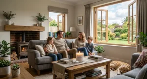 A family relaxing in a well-ventilated UK living room with a scented candle placed safely out of reach of pets and children.