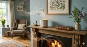 A scented soy coconut candle creating a warm atmosphere and strong scent throw on a cosy living room mantlepiece.