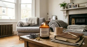A minimalist white ceramic soy wax candle burning on a modern bathroom shelf next to luxury home fragrance diffusers.