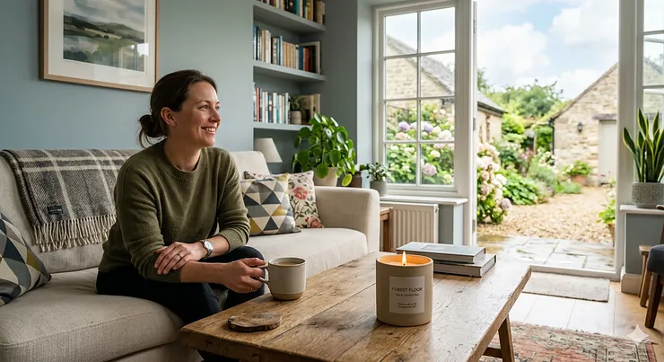 A luxury soy coconut candle burning in a modern British living room, releasing a strong scent throw from its amber glass jar.
