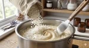 Natural soy coconut wax blend being mixed to create a clean-burning candle with a strong scent throw.