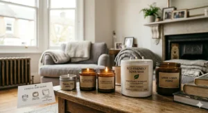 A collection of soy wax candles in various sizes, from small travel tins to large three-wick amber jars, arranged side by side.