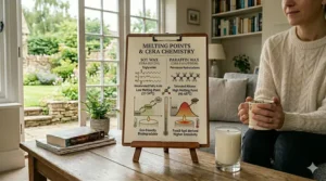 Graphic illustrating the cooler melting point of soy vs paraffin candles to highlight safety and reduced risk of wax burns.