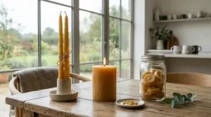 An infographic comparison of the best beeswax candles showing different formats including tealights, votives, and tall dinner tapers.