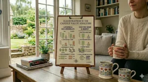Illustration of candle ingredient labels and British Standard safety symbols used to differentiate pure soy vs paraffin candles.