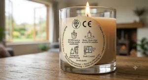 A close-up illustration of standard UK candle safety warning symbols and British Standards compliance marks found on product labels.