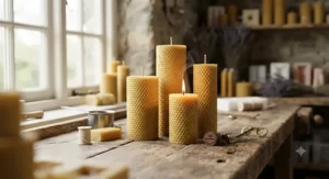 Close-up of artisan beeswax pillar candles, handcrafted in the UK using locally sourced sustainable wax.