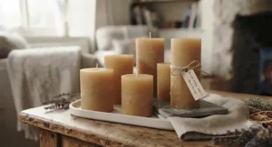 Selection of artisan British rapeseed and beeswax pillar candles made in the UK.