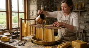 An artisan chandler crafting pure beeswax taper candles using traditional pouring techniques in a UK workshop.