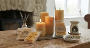 A collection of artisanal beeswax pillar candles displayed alongside plastic-free wax melt clamshells.
