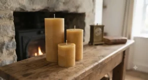 A trio of beeswax and rapeseed blend pillar candles in varying heights, ideal for fireplace mantel decor.