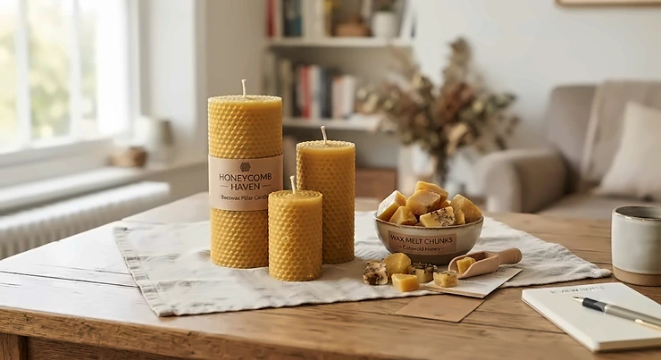 A collection of natural beeswax pillar candles and scented wax melt chunks arranged for a product review