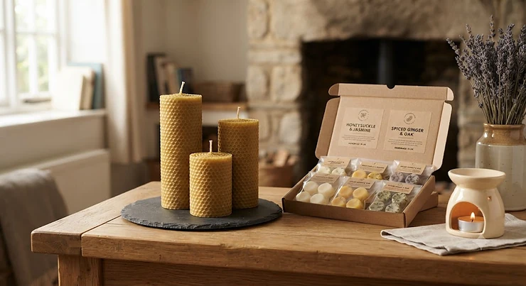 Handmade natural beeswax pillar candles displayed alongside scented wax melt pods for home warmers