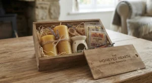 A beautiful gift set featuring natural beeswax pillar candles and botanical-infused wax melt clamshells.