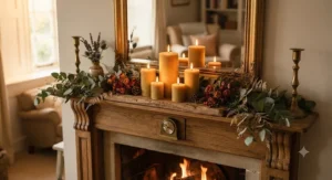 Elegant beeswax pillar candles used to decorate a mantelpiece for an evening gathering.