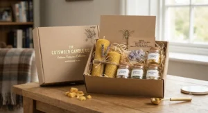 A beautifully packaged gift set featuring natural beeswax pillar candles and various wax melt chunks