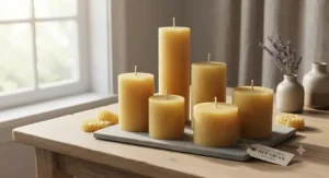 A selection of natural, hand-poured beeswax pillar candles for an elegant home aesthetic