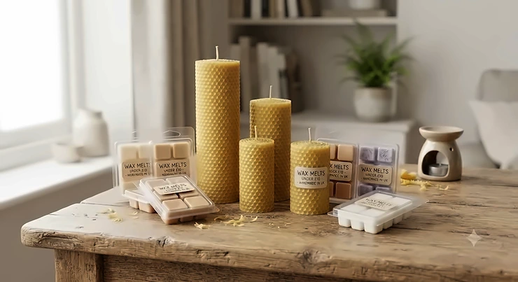 Handmade beeswax pillar candles and affordable wax melt clamshells arranged neatly on a rustic wooden table. wax melt clamshells under £10