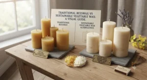 Display showing the visual differences between traditional beeswax pillar candles and sustainable vegetable wax alternatives