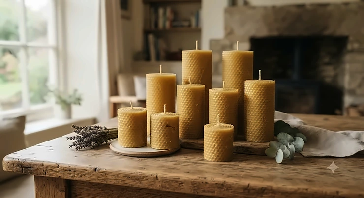 A collection of the best beeswax pillar candles handcrafted in the UK, displaying natural golden tones. best pillar candles