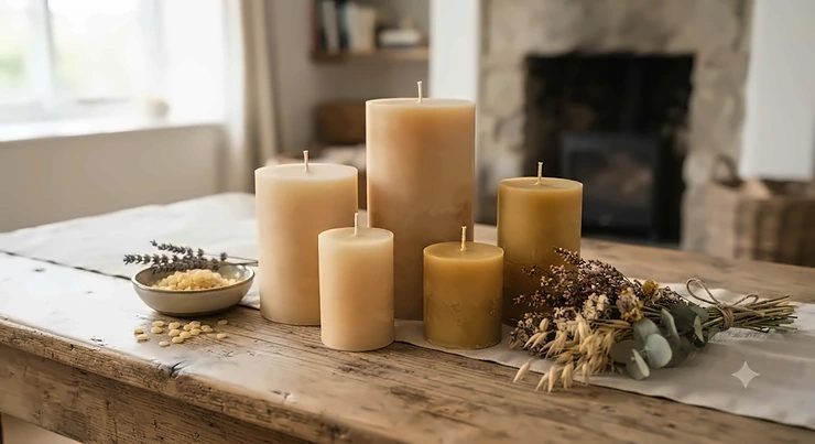A selection of eco-friendly rapeseed and beeswax pillar candles arranged on a rustic wooden table.