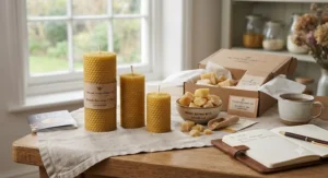 British-made beeswax pillar candles and organic wax melt chunks ready for a comprehensive review