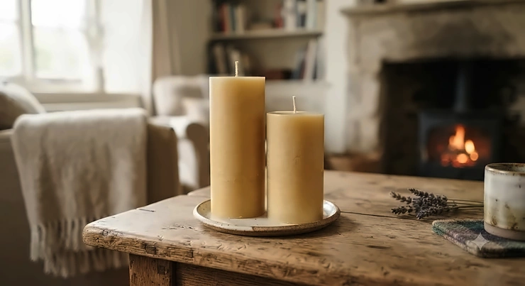 A pair of sustainable British rapeseed and beeswax pillar candles displayed on a rustic wooden table.