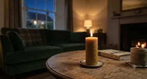 A glowing beeswax pillar candle burning on a wooden table during a cozy British evening