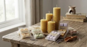 A selection of eco-friendly wax melt clamshells paired with classic beeswax pillar candles under ten pounds.