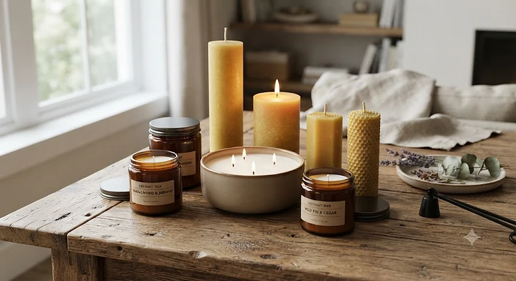 A selection of eco-friendly coconut wax candles and natural beeswax pillar candles displayed on a wooden surface.