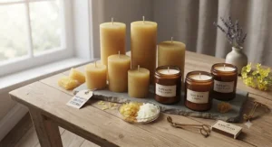 An assortment of sustainable candles including beeswax pillar candles and rapeseed wax jar candles