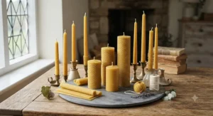 Assorted collection of pure beeswax taper candles and beeswax pillar candles