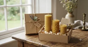 Set of decorative beeswax pillar candles presented as a sustainable gift
