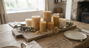 Styling inspiration for eco-conscious beeswax pillar candles alongside rapeseed wax alternatives on a dining table.