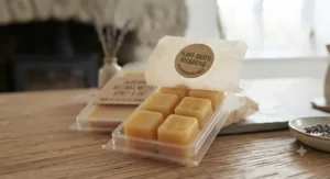 Close-up view of sustainable beeswax melt clamshell packaging, ideal for conscious consumers looking for plastic-free refills.