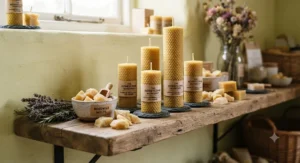 Eco-friendly handmade beeswax pillar candles styled on a rustic shelf with wax melt chunks