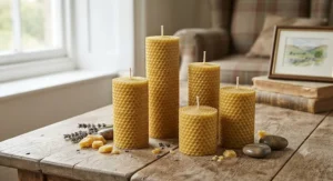 Pure British beeswax pillar candles showcasing natural golden tones and clean-burning cotton wicks.