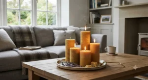 Stylishly arranged sustainable British beeswax pillar candles adding warmth to a modern British living room.