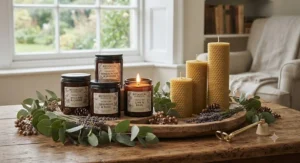A curated range of eco-friendly candles including both coconut wax and beeswax pillar varieties.