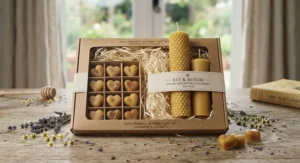 Eco friendly packaging containing heart shaped wax melts and handcrafted beeswax pillar candles