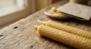 Close-up of eco-friendly pure beeswax taper candles with a clean-burning cotton wick