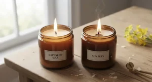 A close-up burn test comparing the clean flame of a rapeseed candle versus a soy wax candle