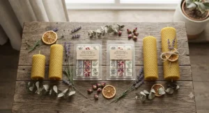 Flat lay styling of vegan wax melt clamshells and pure beeswax pillar candles with botanical sprigs.