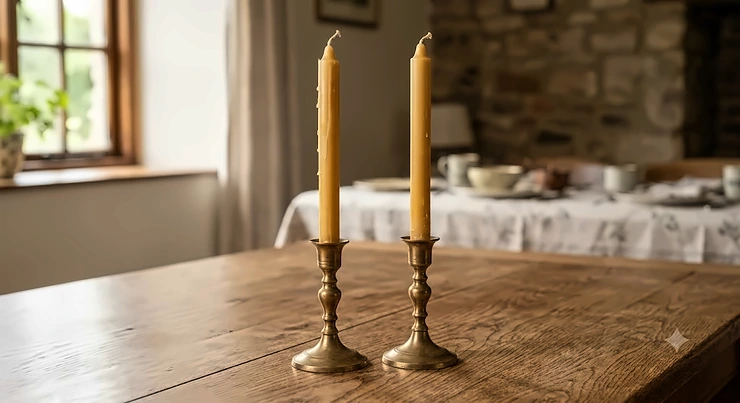 A pair of traditional hand-dipped pure beeswax taper candles standing in elegant brass holders on a wooden dining table.