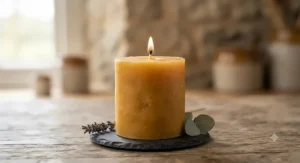 Close-up of a high-quality hand-poured beeswax pillar candle featuring a traditional cotton wick.