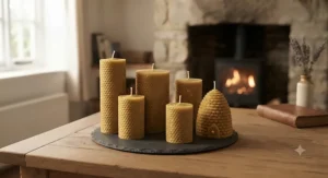 Collection of traditional hand-poured beeswax pillar candles featuring a natural honeycomb texture
