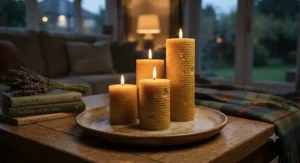 Hand-poured British beeswax pillar candles burning gently on a rustic ceramic plate during a cosy evening.