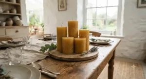 A set of natural hand-poured beeswax pillar candles displayed on a rustic wooden dining table.