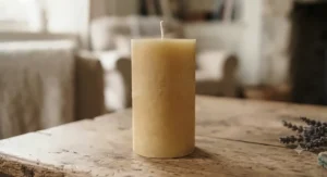 Close-up of a hand-poured British rapeseed and beeswax pillar candle showing natural texture.