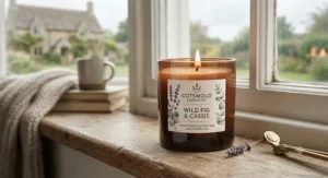 A hand-poured coconut wax candle in a stylish glass jar, perfect for a cosy British home.
